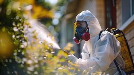 A guy from the pest control service in a mask and a white protective suit with poison spray bottle. Pest control, insect, chemical poison equipment. Generative Ai image
