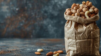 Brown shopping bags filled with nuts and seeds on a dark background - obrazy, fototapety, plakaty