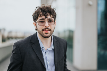 Confident male executive dressed in a formal suit standing in a city setting with a modern architecture backdrop.