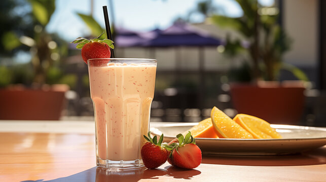 A glass of fruit milkshake with a strawberry, standing on the table, outdoor