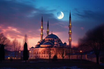 Obraz premium Tranquil Mosque evening sky twilight. Moon light. Generate Ai