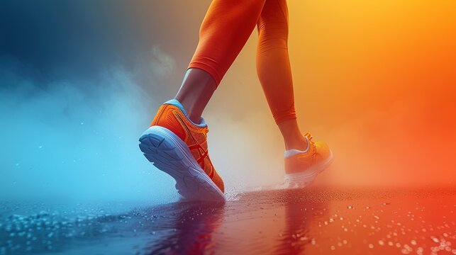Portrait low angle of a person running using sports shoes, gradient background