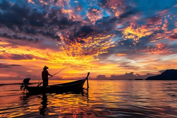 Scene of sunrise and beautiful sky background. Silhouette of a fisherman on longtail boat in the sea