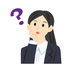 はてなマークを浮かべる女性社員のイラスト。フラットなベクターイラスト。
Female employee with a question mark. Flat vector illustration.