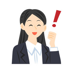 びっくりマークを浮かべる女性社員のイラスト。フラットなベクターイラスト。
Female employee with a exclamation mark. Flat vector illustration.