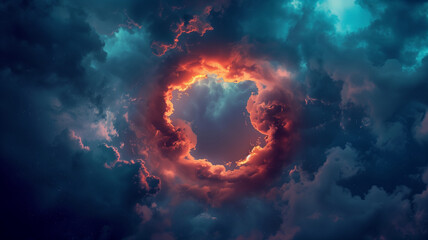 Obraz premium Ring of fire in the sky with dark blue clouds concept background design. Glowing magic circle in the night sky banner. Digital artwork raster bitmap illustration. AI artwork.