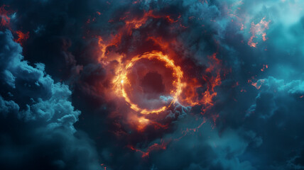 Ring of fire in the sky with dark blue clouds concept background design. Glowing magic circle in the night sky banner. Digital artwork raster bitmap illustration.  - obrazy, fototapety, plakaty