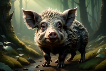 Cute little pig in the habitat. - obrazy, fototapety, plakaty