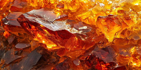 Closeup of golden amber mosaic as background or texture. Abstract orange red liquid glass gem...