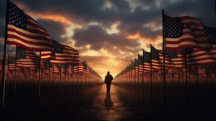 Silhouetted against the fading light, American flags pay tribute to those who served their country.