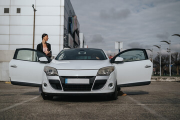 Elegant woman next to an open-roof white car in a city parking space, depicting urban lifestyle