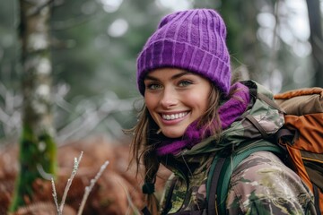 Close-up of a young woman wearing camouflage outerwear and knitted hat with backpack. Positive smiling Caucasian girl hiking in a forest on early spring or late autumn.