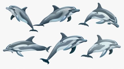 Cute photo realistic animal dolphin set collection. Isolated on white background