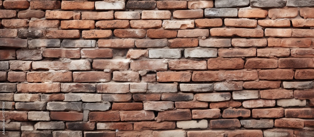 Poster a detailed view of a brown brickwork with a multitude of rectangle brick stones. the intricate detai