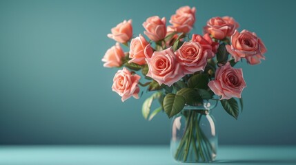 Elegant bouquet of pink roses in a glass vase on a turquoise background with soft lighting.