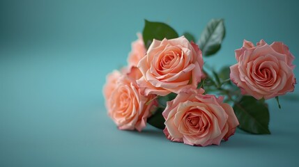 Elegant pink roses arranged diagonally on a soft blue background, with space for text.