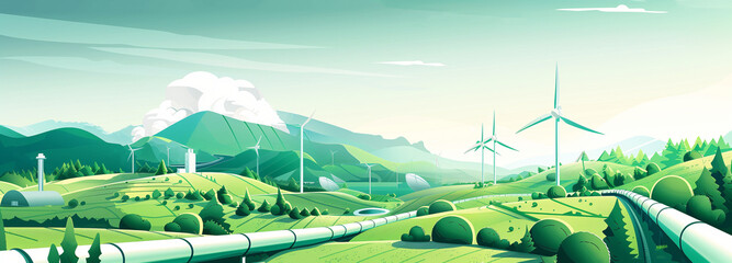  Infographic comparing green energy and oil pipeline landscapes. Highlights contrast between renewable energy and fossil fuels.