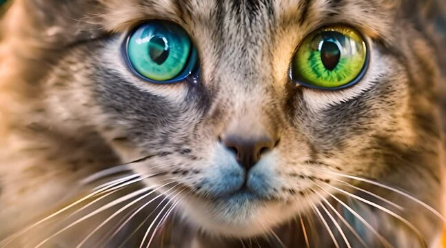 The feline's eyes are a kaleidoscope of colors, shifting between shades of blue and green.