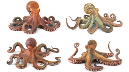 Fototapeta premium Cute photo realistic animal octopus set collection. Isolated on white background