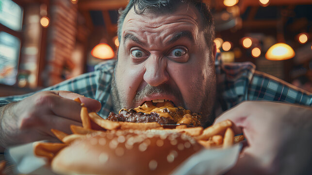 The fat man is eating food. An exaggerated photo of a greedy fat man eating fast food or junk food at a fast food restaurant. The idea of a fat man