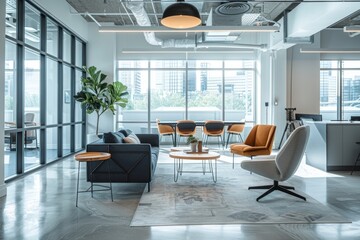 Chill out area in modern office. Bright minimalist space with comfortable trendy couch, armchairs and coffee table. Waiting area for the company's clients, space for negotiations and presentations.