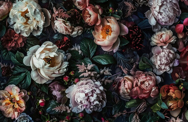 Peony, roses and other flowers arranged in a natural yet luxurious display that captures the essence of a classic still life.