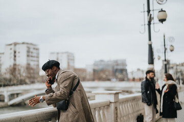 A well-dressed man in a coat and cap engaged in a conversation on his mobile phone while checking his watch on an bridge.