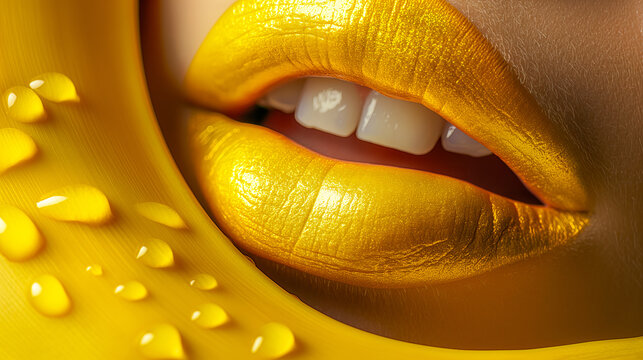 Lips with Golden Glistening Lipstick - Macro shot of lips and banana with dew droplets that add texture and a sense of indulgence concept