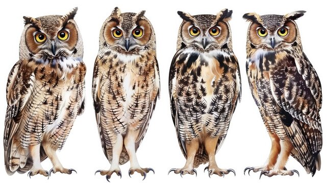 Cute photo realistic animal owl set collection. Isolated on white background