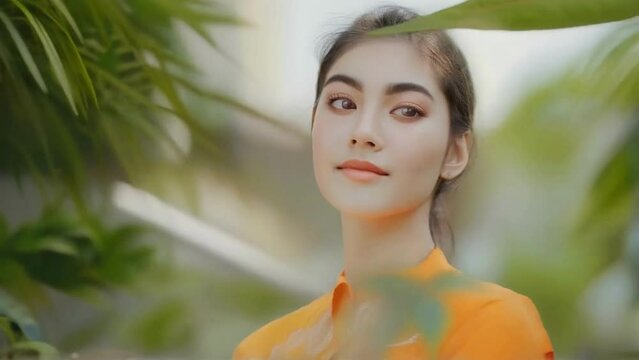 Pensive young Asian woman in orange dress