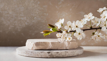 Obraz na płótnie Canvas Rough stone podium for presentation, floral branch, pastel beige tones. Podium for presentation.