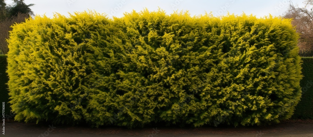 Wall mural a dense evergreen shrub with yellow leaves is enclosed by a green rectangular fence