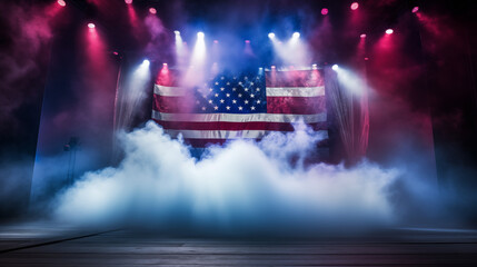 Stage with spotlight, red, white and blue smoke and particle effects, great for 4th of July backdrop.