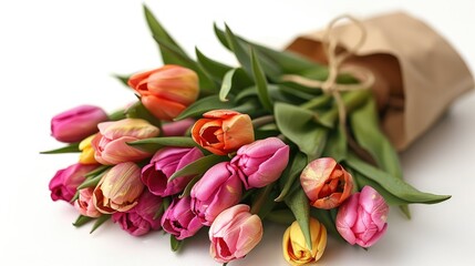 Bouquet of colorful tulips wrapped in paper on a white background.