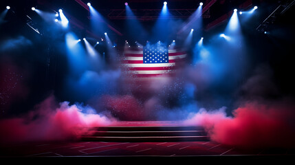 Stage with spotlight, red, white and blue smoke and particle effects, great for 4th of July backdrop. - obrazy, fototapety, plakaty
