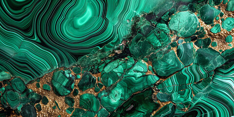 Abstract green malachite marble surface, stylized ornamental stone photo texture. Creative malachite mineral background. Agate stone wallpaper print design with marble and gold raw natural mineral - obrazy, fototapety, plakaty