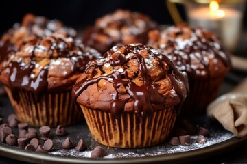 Moist Chocolate muffins dessert dark. Coffee cake. Generate Ai