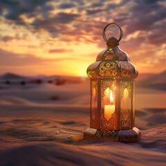 Traditional ornamental arabic lantern with a burning candle in desert during sunset. Festivel...