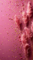 Fotobehang Pink Flowers and Gold Flakes on Pink Background © olegganko