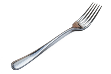 Kitchen utensil, shining polished silver fork on white background