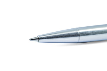 Close up head of silver ball pen on white background