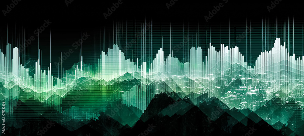 Poster computer generated image of a wave with green and yellow lines. financial growth and decline chart