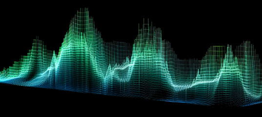 Computer generated image of a wave with green and yellow lines. financial growth and decline chart