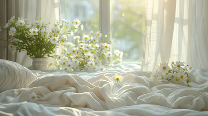 
Bed Mattress and Pillows Mess up Bedroom in morning sunlight, White bedding sheets and pillow background, Messy bed after good sleep concept, with beautiful sunshine window and flowers on backgrounds