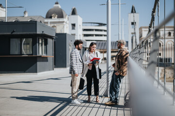 Obraz premium A group of young entrepreneurs discuss business strategies outdoors in a downtown area, exuding partnership and collaboration.