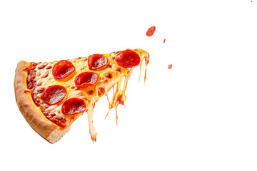 Template with delicious tasty slice of pepperoni pizza flying on white background