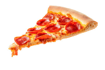 Template with delicious tasty slice of pepperoni pizza flying on white background - obrazy, fototapety, plakaty