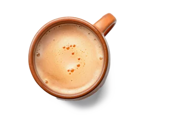 Poster Eartyh Terracotta Ceramic coffe Mug with froth milk, top down view on white background © VisualProduction