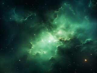 Obraz na płótnie Canvas Mesmerizing green cosmic nebulae backdrop. AI Generation.
