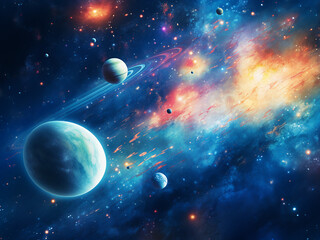 Gleaming planets in the expansive galaxy. AI Generation.